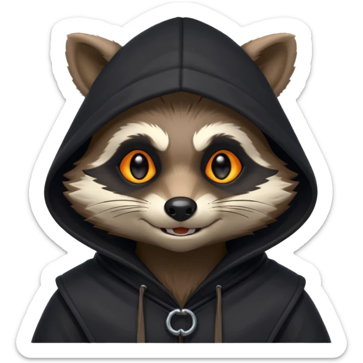 gothic thief raccoon portrait, head and shoulders only, dark hood, glowing eyes, mysterious sneaky grin, 3D cartoon, mobile game icon style, clean background, no text, no watermark
 sticker