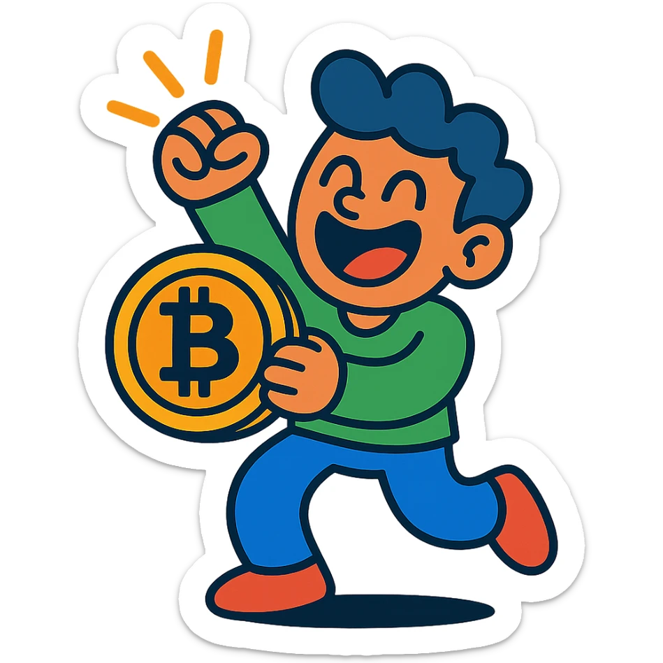 happy cartoon character holding a Bitcoin symbol and celebrating, vibrant toon style sticker