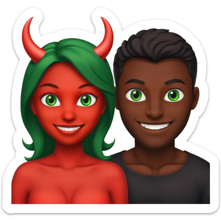 two evil persons (male and female) with devilish smile and black face and green eyes sticker