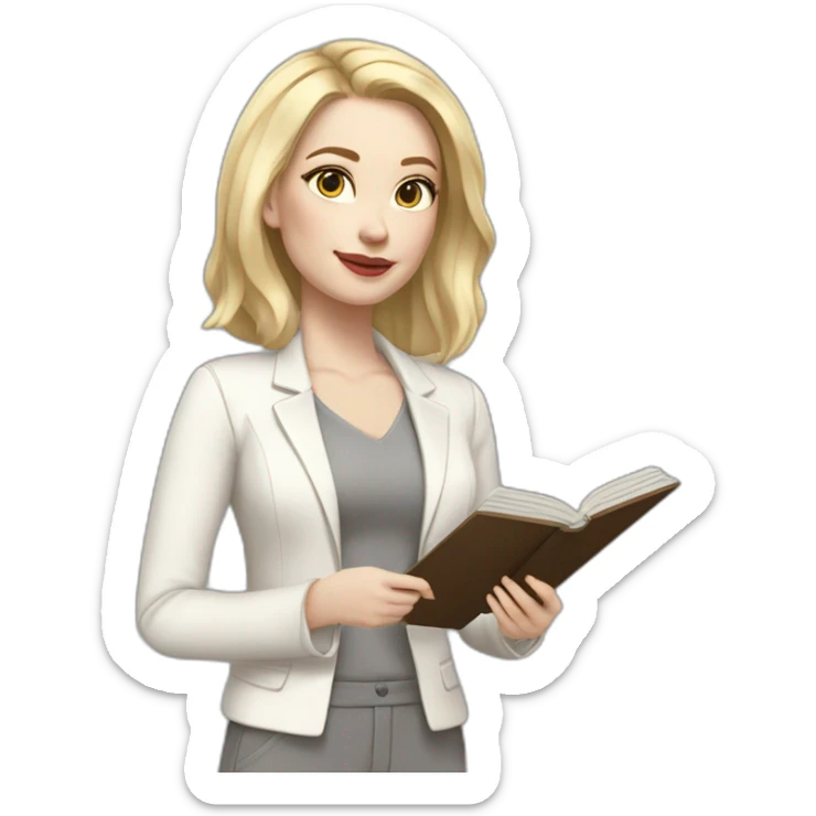 pale skin woman with blonde straight line Hair to shoulders, White classical jacket, Gray Palazzo pants holding a color palette in the hands sticker