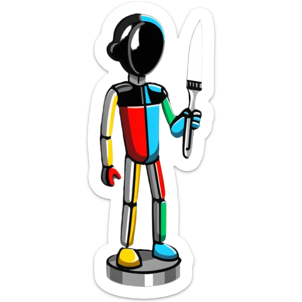 A paintbrush transforming into a 3D metal human silhouette sculpture, symbol of artistic identity, with defined sculptural details sticker