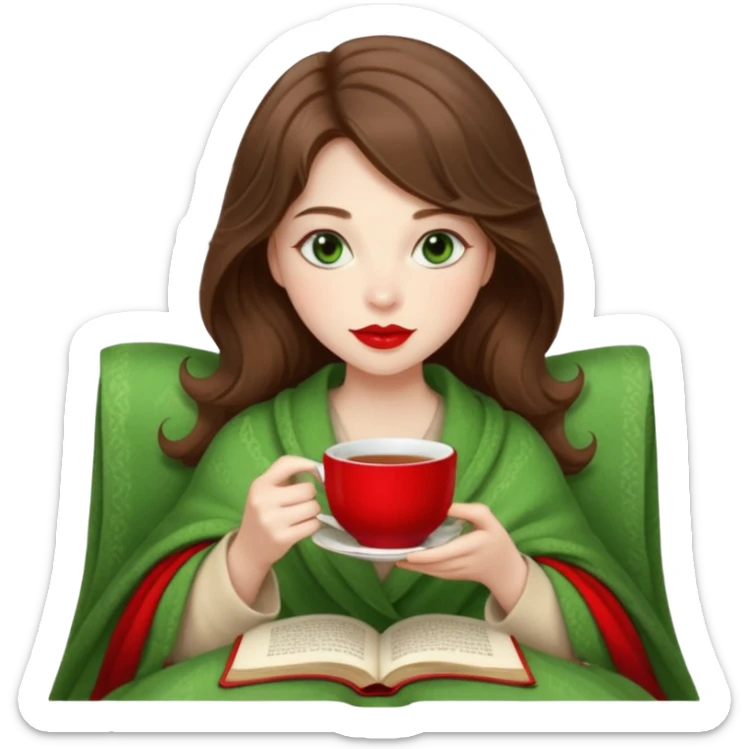 Long wavy brown haired, white skinned, green eyed girl with red lipstick wrapped in a blanket, sipping tea and reading a book sticker