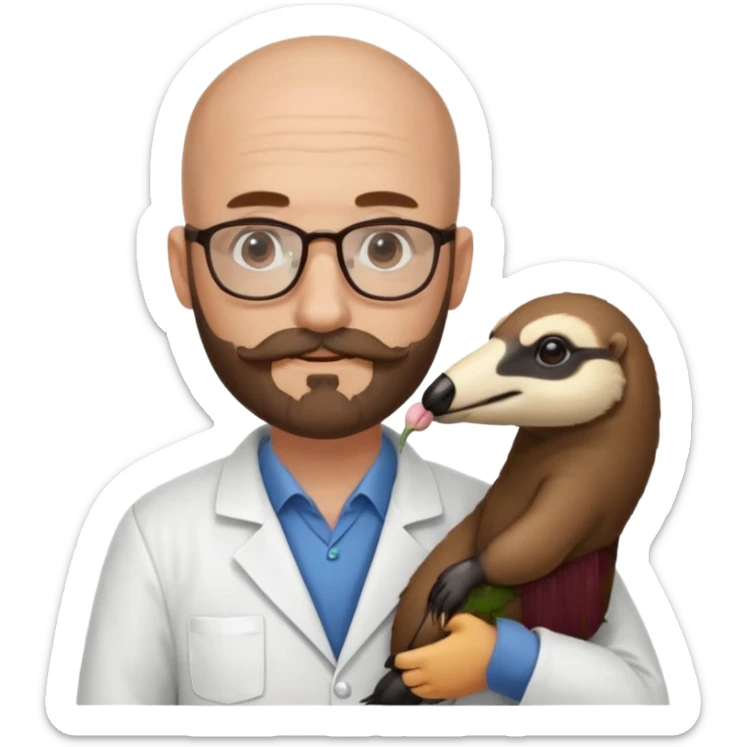 A bald veterinarian with a beard and glasses, mustache holding an the animal is "anteater" oso hormiguero  sticker