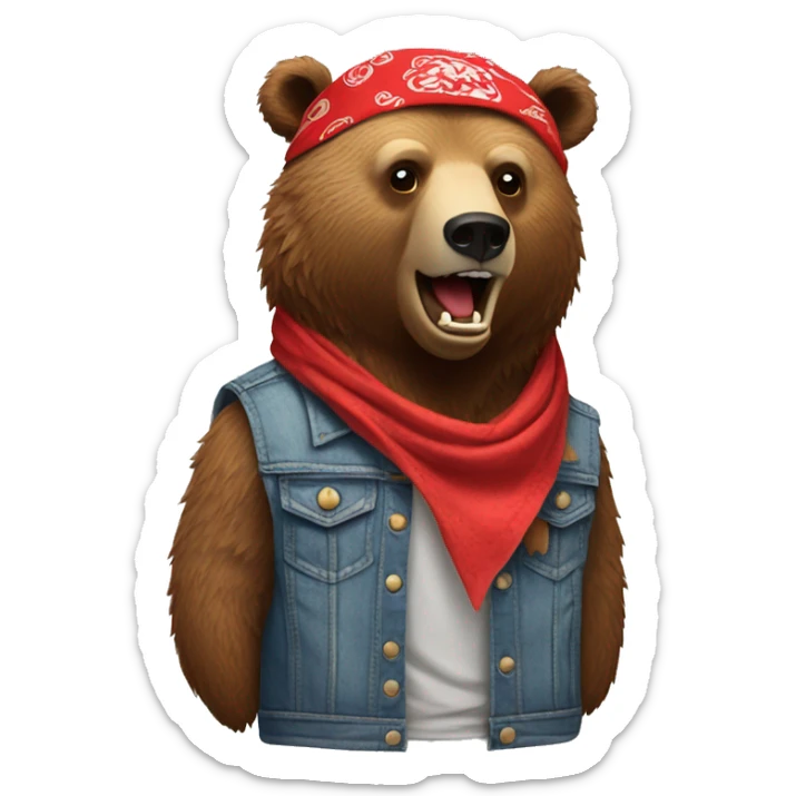 grizzly bear wearing sleeveless jean jacket and red bandana around head with open mouth sticker