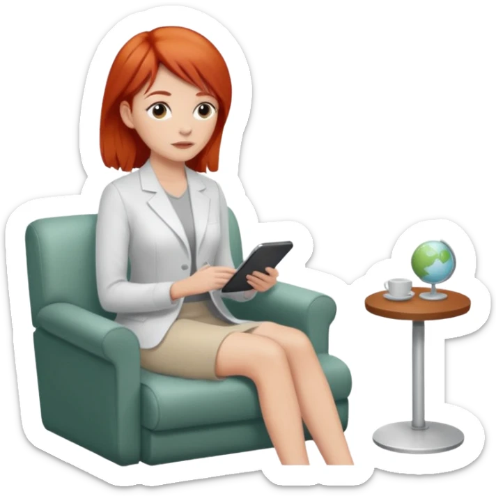 “Red-haired therapist in a calm, modern therapy room, attentively listening to a client, warm lighting, realistic style.” sticker