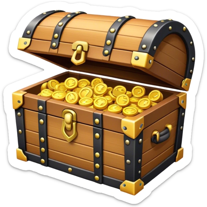 Clash of Clans aesthetic: Cinematic Playful Pixel 3D Treasure Chest Portrait Emoji, rendered in a 3D vector-style similar to standard emojis with minimal shading and bold, simplified shapes. A compact, distinct form with signature details, softly glowing with a pixelated adventure charm. Simplified yet unmistakably iconic, highly detailed and consistent, glowing with a soft radiance and high shine. Stylized with a touch of classic pixel-art charm and a soft glowing outline, capturing the essence of a beloved gaming relic with a friendly, playful manner! sticker