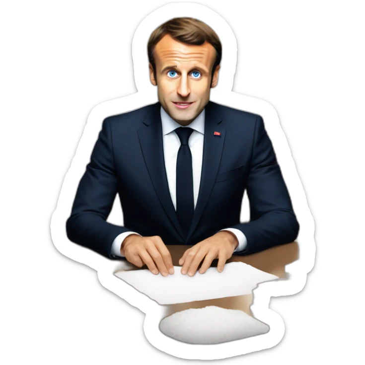 Emmanuel Macron in front of his desk, he has a little flour on his nose, there is a pile of white flour on the desk, and his taste buds are dilated sticker