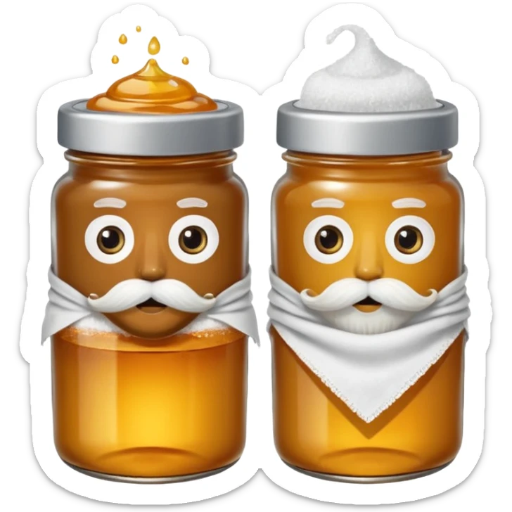 Garama and Madundung are together a gray container of salt and a honey container with a cloth on top. They each have eyes with white in the middle, a mouth, nose, and mustache both customary to their colors. They have hairy legs and emit an aura of salt (Garama), and honey (Madundung). sticker