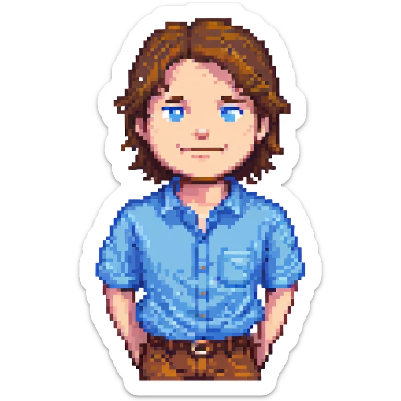 John Doe as a pixel art character, 16-bit style, with a blue shirt and brown hair, smiling sticker