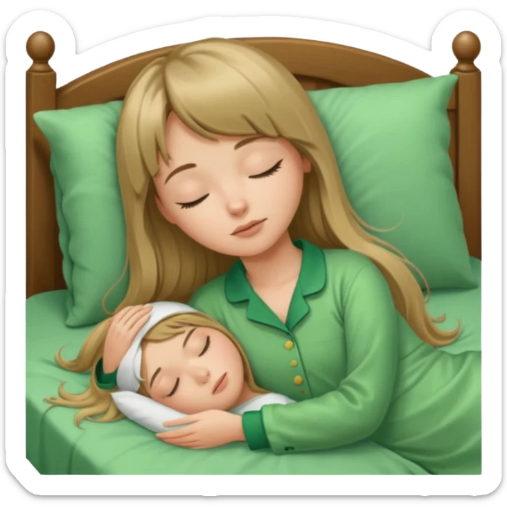 Young woman with long dark blond hair and a bang sleeping in bed  with green pyjama sticker