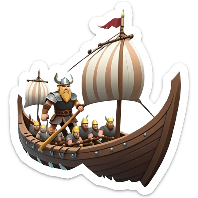clash-of-clans-aesthetic_-cinematic-viking-longboat, rendered in a flat, bold vector style with minimal shading, featuring a striking dragon-headed prow slicing through icy, churning waters. shields on the side and vikings rowing The longboat’s intricately detailed shields and carved motifs evoke a sense of epic adventure and Nordic might, with billowing sails catching a dramatic, stormy sky backdrop. sticker