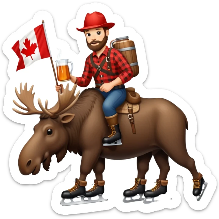 Canadian lumberjack wearing hockey skates, drinking from a jug maple syrup, carrying a furling Canadian flag, and riding on a moose sticker