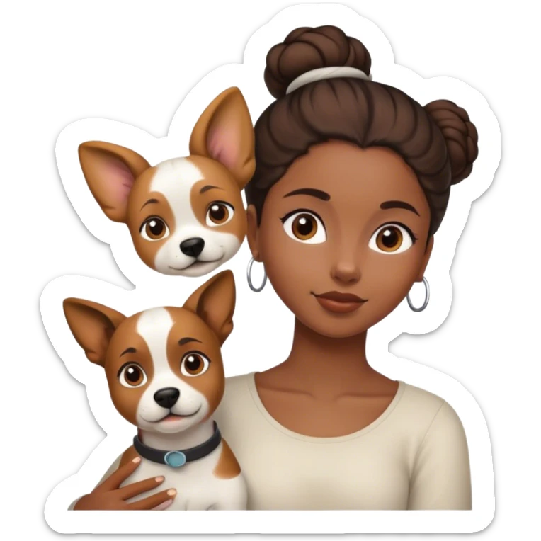 smart, 30 year old, brown African girl, back bun hairstyle, with one big white brown dog sticker