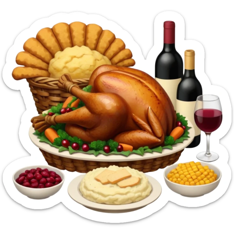 Thanksgiving Dinner with 10 people of different skin color around the table; have the food be a cooked turkey, mashed potatoes, corn, a basket of biscuits, a small bowl of cranberry sauce, baked yams, steamed vegetables, and a bottle of wine. sticker
