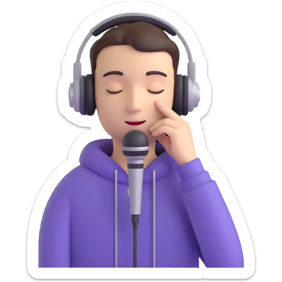 emoji style person with closed eyes, headphones, and a microphone, smooth edges, peaceful mood sticker