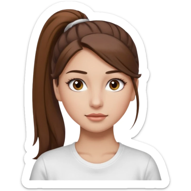 Chica de pelo con una cola de clean look  y marrón con ojos color marrón  y una camiseta blanca y la piel blanca con pestañas y maquillada clean look  sticker