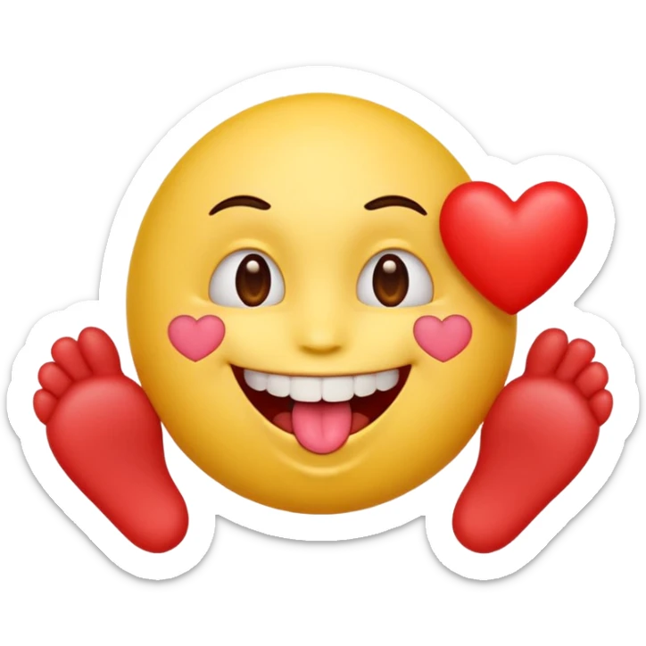 yellow emoji face holding a heart and hes so happy with so happy with teeth and tongue and toes growing out of the top of its head sticker