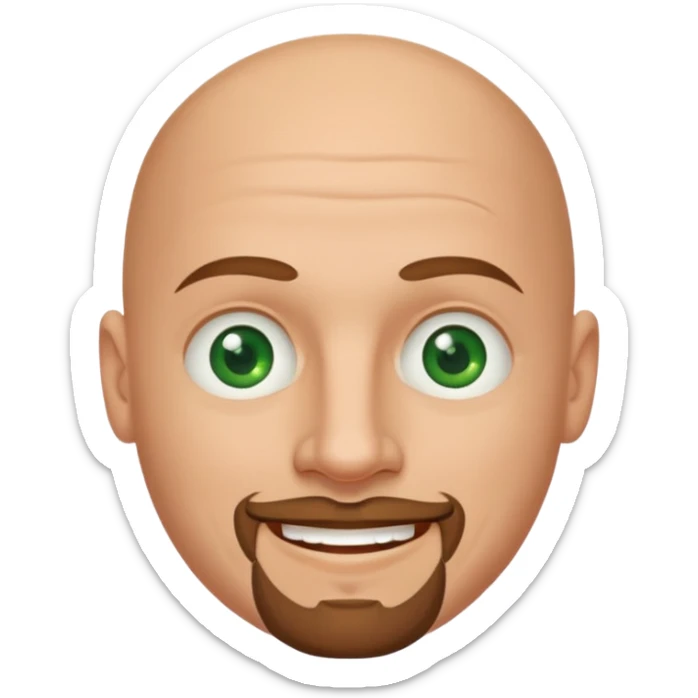 white caucasian bald man's face, with brown goatee and green eyes, oval face, rounded, big sticker