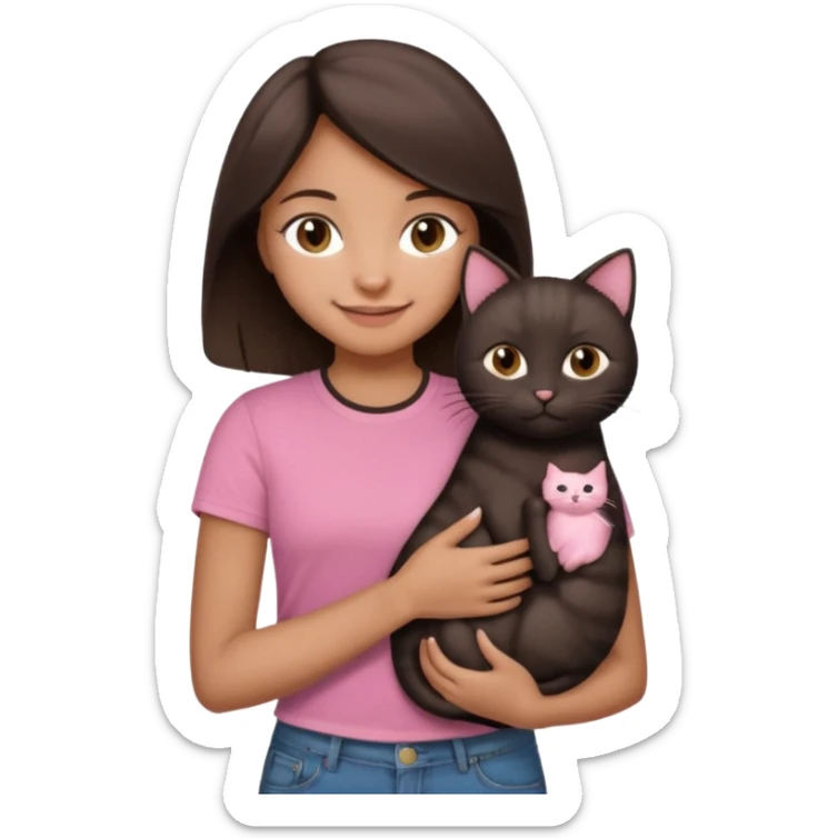As una chica con piel marron claro con el pelo  medio largo color marron oscuro que tenga la chica una camiseta rosada mangas cortas con un jean claro que tenga ojos marrones la chica que la chica este sonriendo mientras sostiene entre sus brazos 1 gato negro gordito. sticker