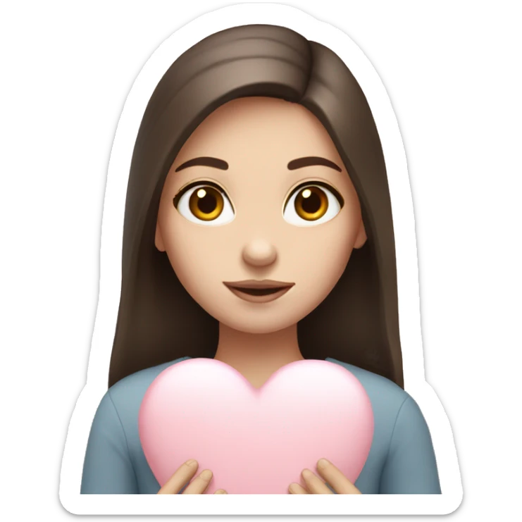 Brunette girl, white skin, holding pale pink heart  sticker