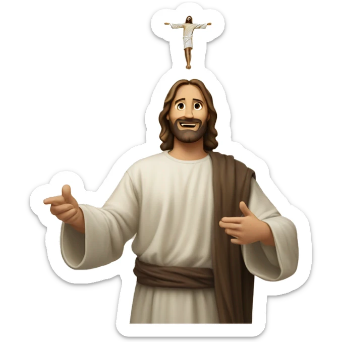 man with his fingers pointing towards the sky and with jesus above him sticker