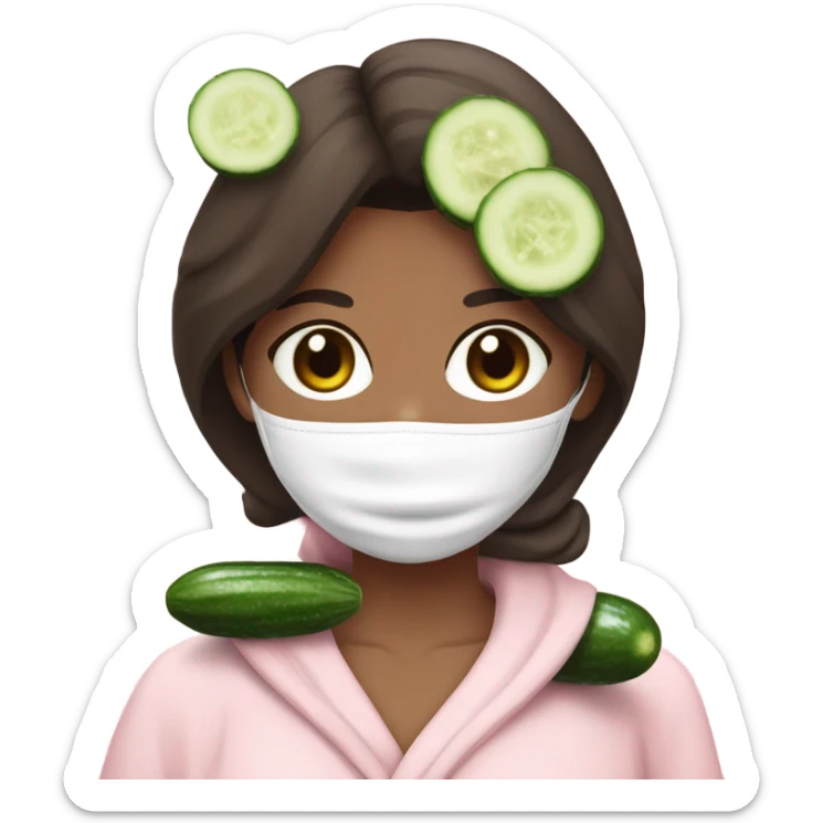 Brunette girl with a face mask on and cucumbers on her eyes and a light pink robe sticker