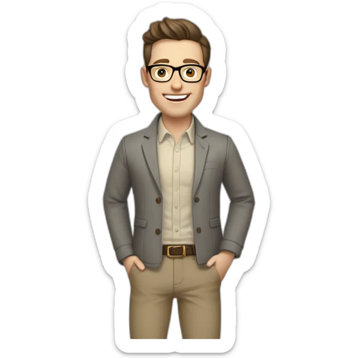 Joyful Pale skinned Fit Man With dark brown hair in gray jacket, beige office shirt, Brown pants and vintage glasses. His thrumbs up sticker