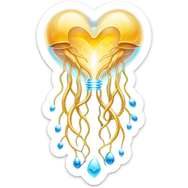 Ethereal omega-3 capsule with flowing golden energy connecting to a shimmering brain (cognition), heart (cardiovascular health), joint (anti-inflammatory), and eye (vision). Each connection glows with healing light, all suspended in a dreamlike blue atmosphere. sticker