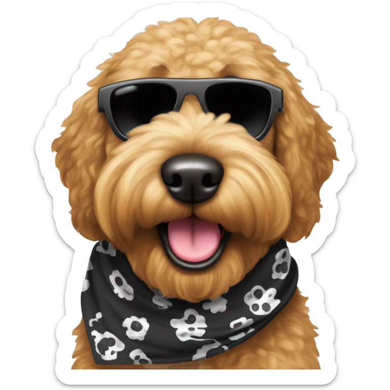 An all black dog breed “golden doodle” wearing sunglasses with a big smile with human like teeth. Also with a bandanna around its neck that says mums favourite  sticker