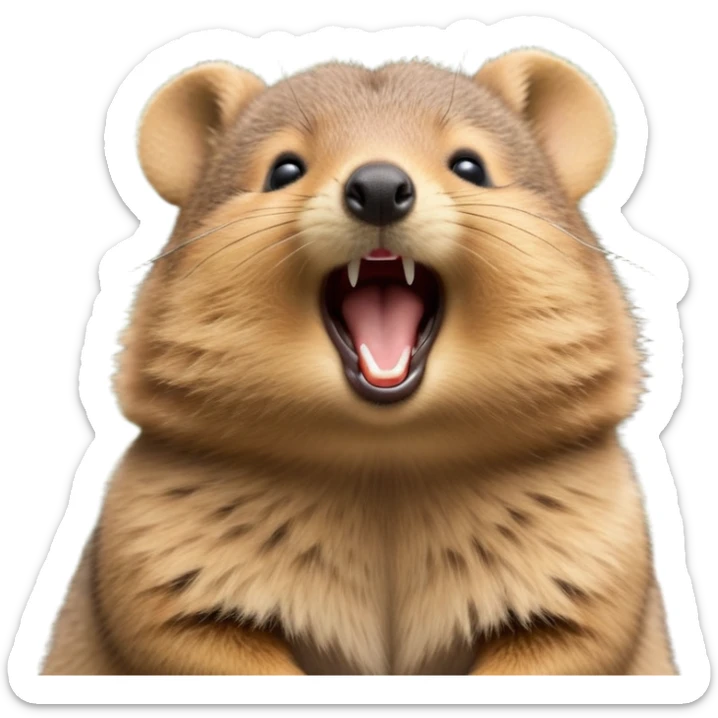 cinematic-realistic  yawning quokka-emoji,-small-round-frame, head tilted in an endearing manner, wouth wide open yawning, sleepy comical smile, round cheeks, giant-fluffy-cheeks-large-smile-fluffy-brown-fur-radiating-a-warm-softness,-big-round-eyes-filled-with-joy, realistic round  fluffy zoomed in, large black eyes one paw raised in the air sticker