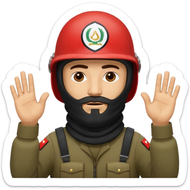 surrenders, depicts an Iraqi soldier from 1980, with a beard, in a helmet, with a balaclava, with a sad face and raised hands sticker