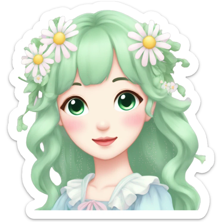 Gorgeous pastel anime style lady with blushing face and daisies cottagecore fairycore pastelcore colorful pearly romantic simplistic aesthetic trending style sticker