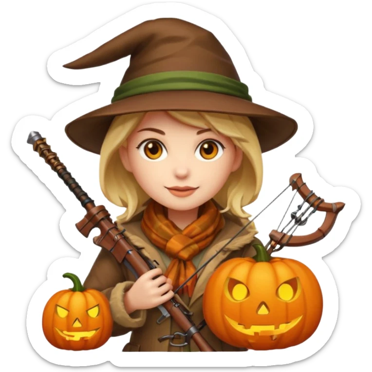 female human monster hunter emoji, wearing brown coat and hat, holding crossbow, soft smile, scarf, glowing pumpkin by her side, Halloween fantasy style, clean vector Apple emoji look, bright colors, white background, square sticker