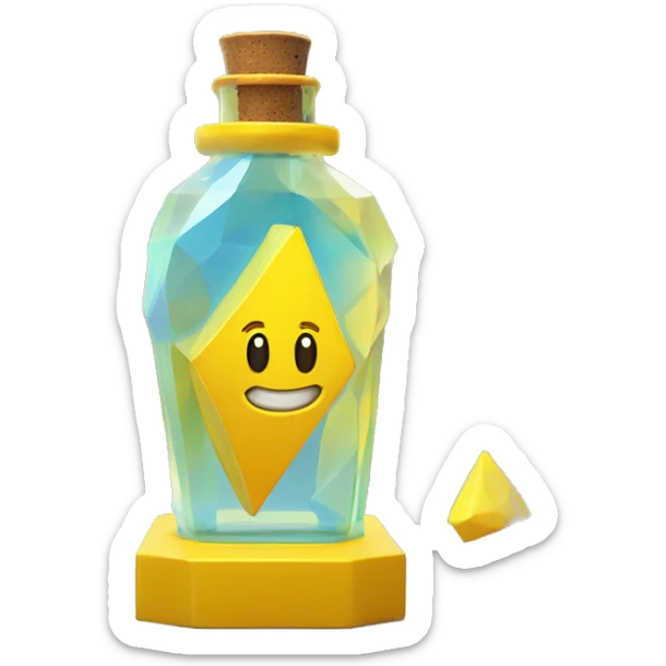 symbolic clouds in a bottle sculpture symbolizing Gemini with a geometric, faceted design. The bottle is standing upright with angular and disney features. The vibrant yellow lightning colors highlights the sharp edges and planes.  sticker