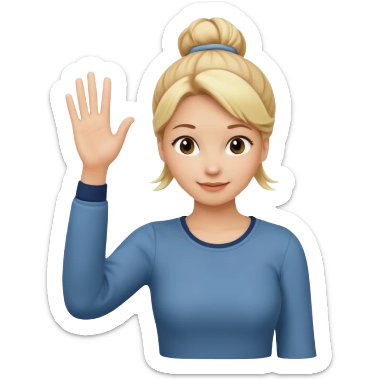blonde woman with bun in casual clothes waving sticker