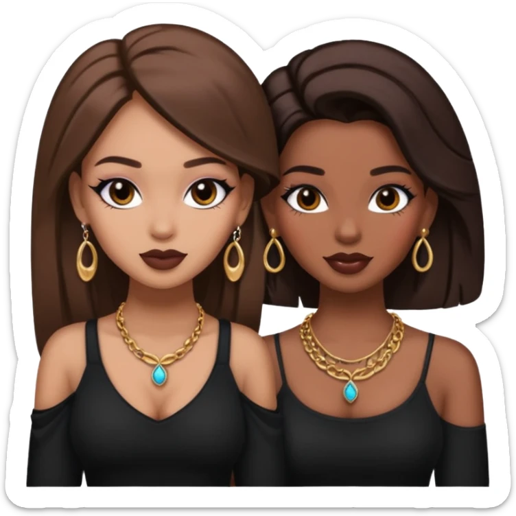 Boujy baddie best friends, trendy heavy makeup both dark hair one light skinned and one mocha brown pretty hair style both wearing black and earrings and necklace one mocha brown skin sticker