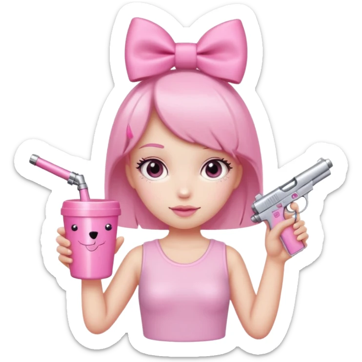Minimalist figure with a cute pink aesthetic. It has a sparkly pink bow on its head, a pink gun keychain hanging nearby, and is holding a large pink tumbler cup. The background is simple white with a soft shadow for a clean look. sticker