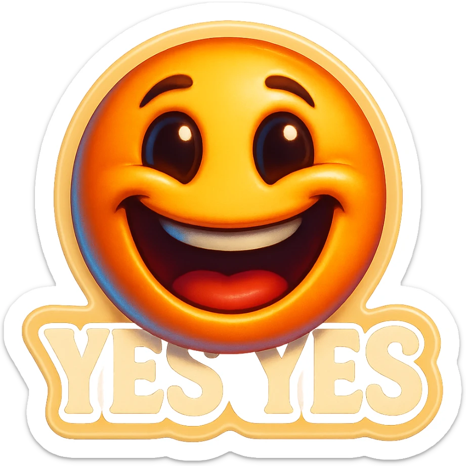 excited smile with mouth open
add the words “yes yes" in White sticker