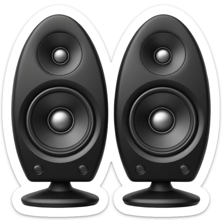 pair of big speakers emoji, deep matte black metal body, circular speaker cones with subtle depth, smooth rounded edges, minimalistic futuristic 3D style, luxury aesthetic sticker
