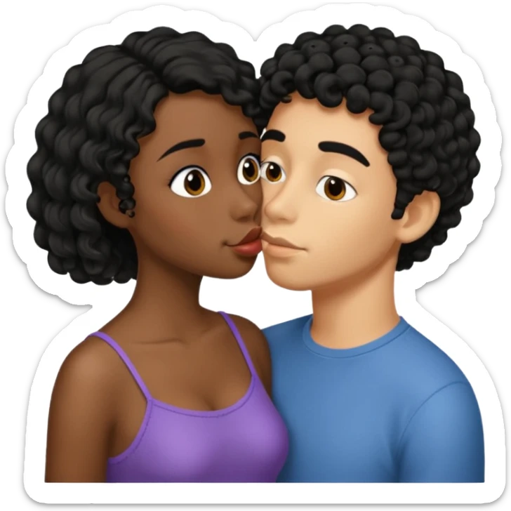 À string man with short straight black hair kissing a shorter girl with long black curly hair sticker