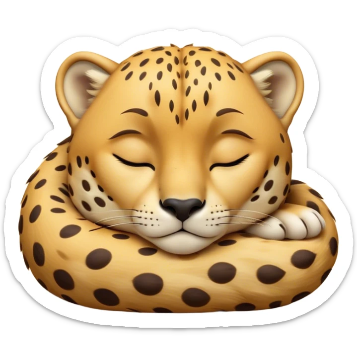Meme-Worthy Cute Sleeping Cheetah Portrait Emoji, Head resting peacefully with a contented smile, showcasing a lean, muscular build and a luxuriously soft golden spotted Fur, eyes shut in a serene, restful nap, Simplified yet hilariously adorable features, highly detailed, glowing with a soft, drowsy light, high shine, relaxed and utterly lovable, stylized with an air of playful laziness, bright and heartwarming, soft glowing outline, capturing the essence of a comically sleepy cheetah, so meme-worthy it feels like it could instantly become the next viral sensation of adorable slumber! sticker