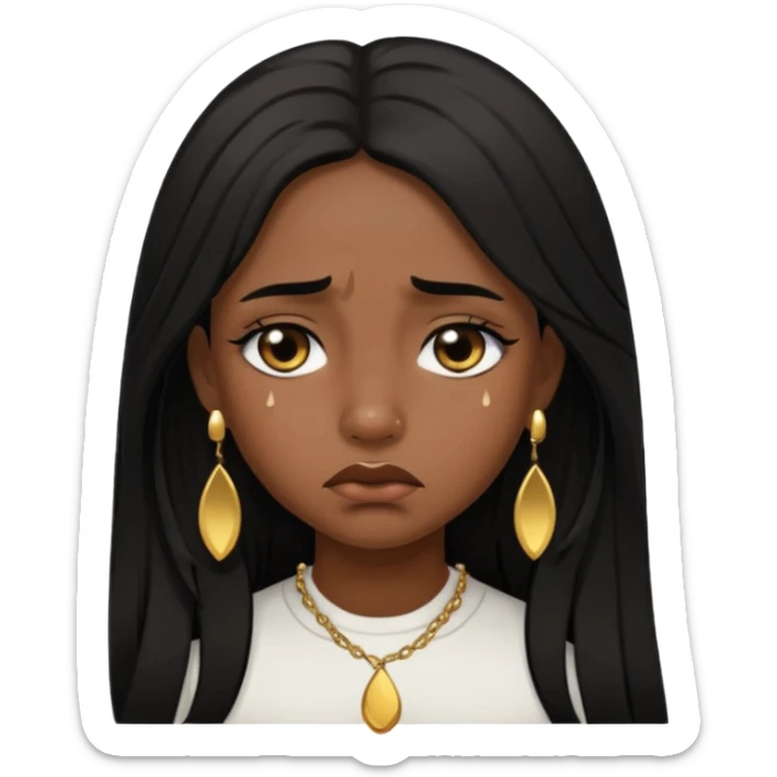 brown girl who has long layered black hair with gold stud earrings  who is sad (abit darker skin tone) sticker