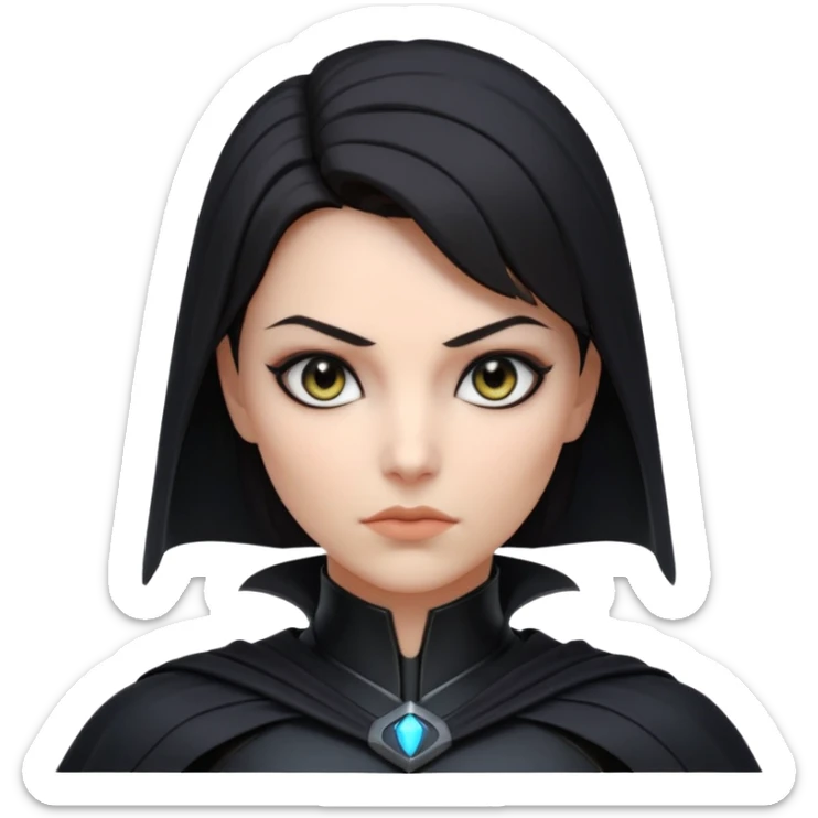 dark sci-fi villain female portrait, head and shoulders only, black armor, cape collar, intense eyes, sharp confident expression, subtle futuristic makeup, dramatic lighting, 3D cartoon, mobile game icon style, clean background, no text, no watermark
 sticker