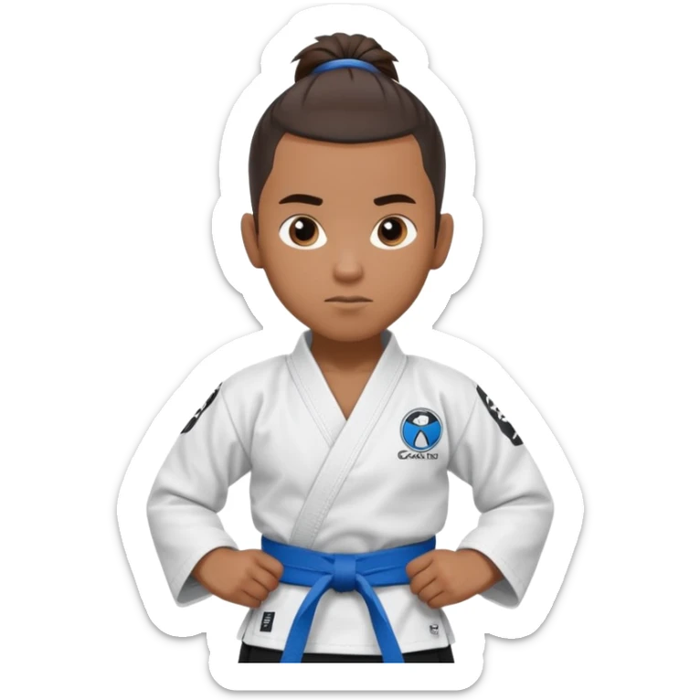 black karate instructor with ponytail and a low taper haircut, and a small fade on the sides with a blue belt and roger Gracie academy logo on the gi sticker