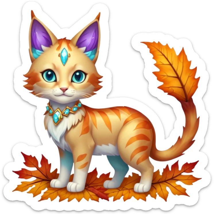 This fascinating hybrid creature combines the crystalline structure of a feline with the warm autumn foliage of a leaf being. Its core body maintains the sleek shape of a cat but is composed of translucent crystals that shift between turquoise blue and amber-orange hues. The creature's face features a blend of feline features with the gentle expression of the leaf being – sharp crystalline ears frame a round, friendly face with glowing purple-amber eyes. Most striking is how autumn leaves emerge from its crystalline body, forming a mane-like collar around its neck and sprouting along its spine and tail. These leaves shimmer with both crystalline properties and natural autumn colors – orange, gold, and deep red – with visible veining that occasionally pulses with energy. When the creature moves, the leaves rustle softly while the crystal body catches light, creating a mesmerizing display of nature and gemstone elements. full body sticker