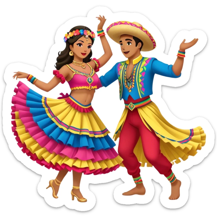 Cinematic Realistic scene of two dancers performing Cumbia, adorned in colorful traditional Colombian costumes with intricate details, captured in rhythmic motion with lively, festive lighting sticker