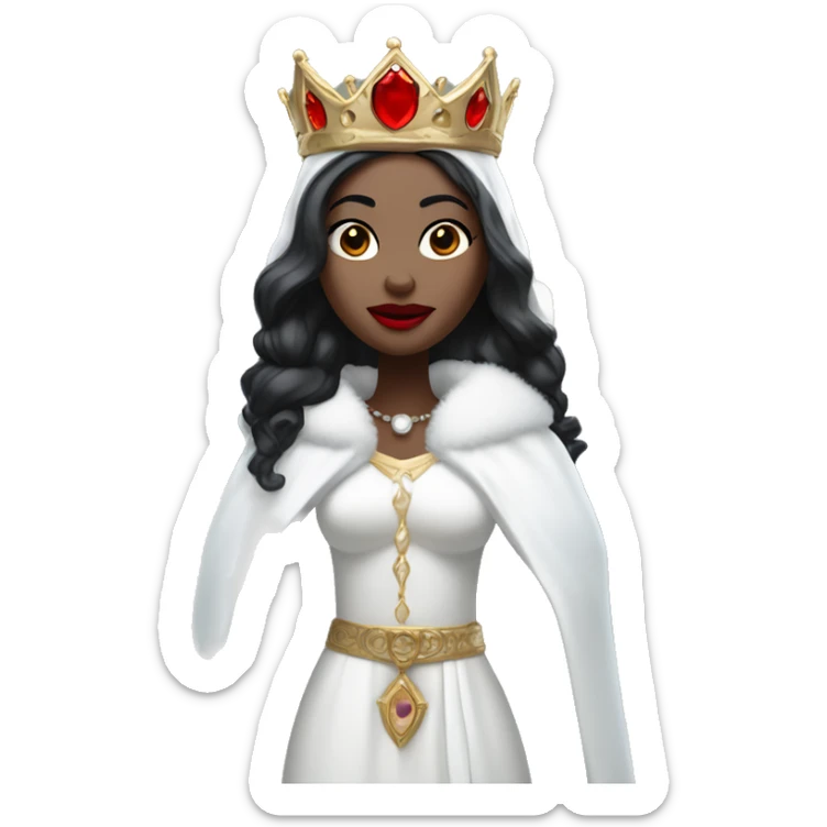 woman with pale skin and sharp facial features and bright red lips. She has black hair, and she wears a crown made of icicles. Dressed in white icy robes with fur accents” sticker