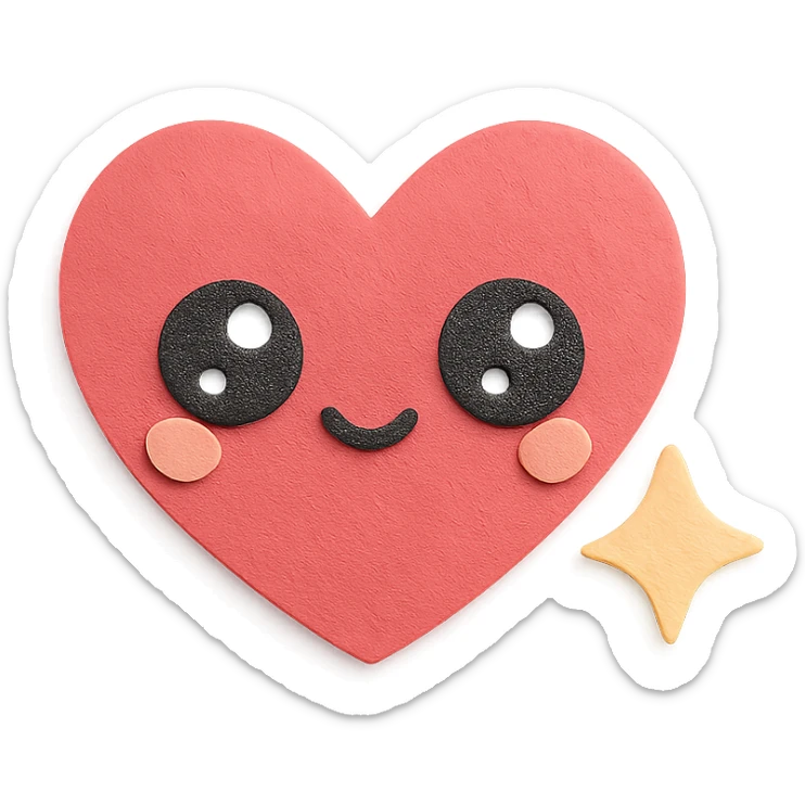 kawaii soft red heart with big shiny eyes and pastel sparkle, no arms, no legs, full body, soft pastel kawaii paper craft style sticker