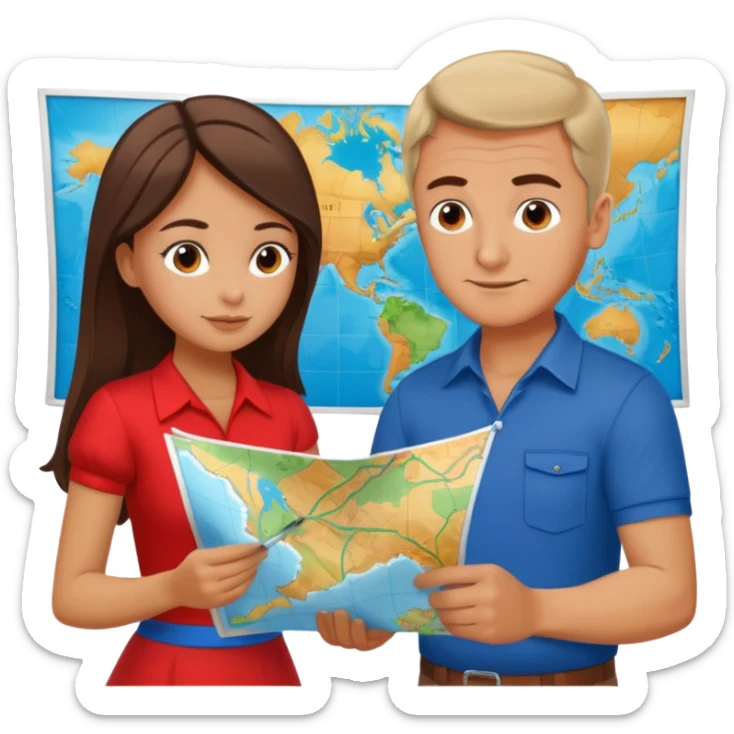 Russian man and elegant turkish girl in cute outfits with a map planning plants sticker