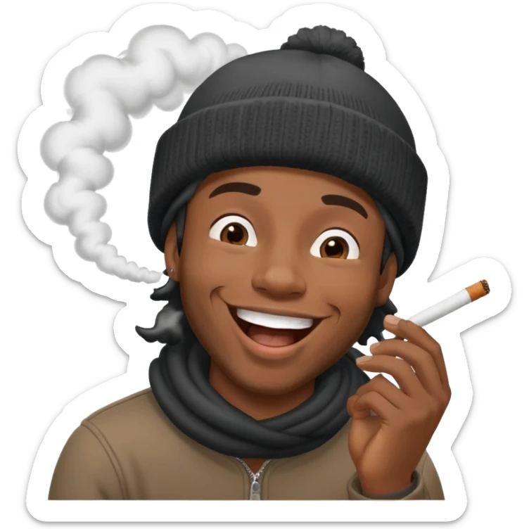 black male, beanie hat, laughing, joint in hand, smoke swirl sticker